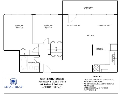 A floor plan for a 2 bedroom apartment at Westpark Tower.